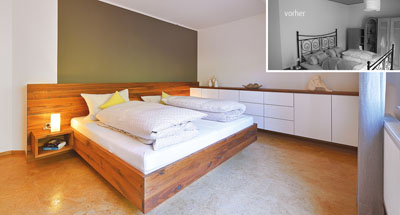 Stoffbespanntes Bettgestell und Möbel in Kirschbaum vom Schreiner Kleinert in Rodenbach